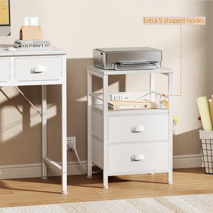 Furologee End Table with Charging Station, Nightstand with Fabric Drawers, Side Tables with USB Ports & Outlets, Night Stand with Storage Shelf & Hooks, for Living Room/Bedroom, White