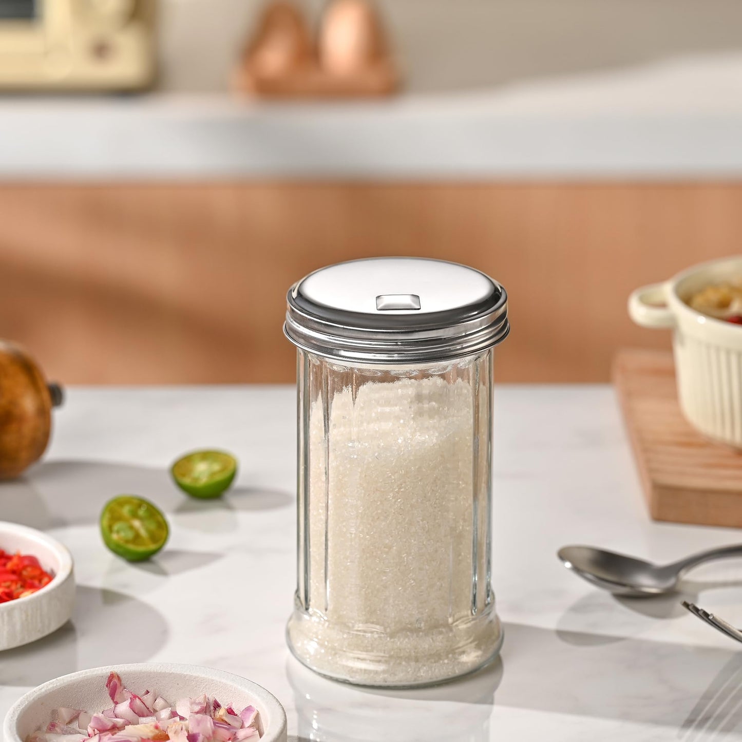 Fox Run Classic Glass Sugar Shaker, 12 Ounce Salt and Sugar Container With Stainless Steel Lid