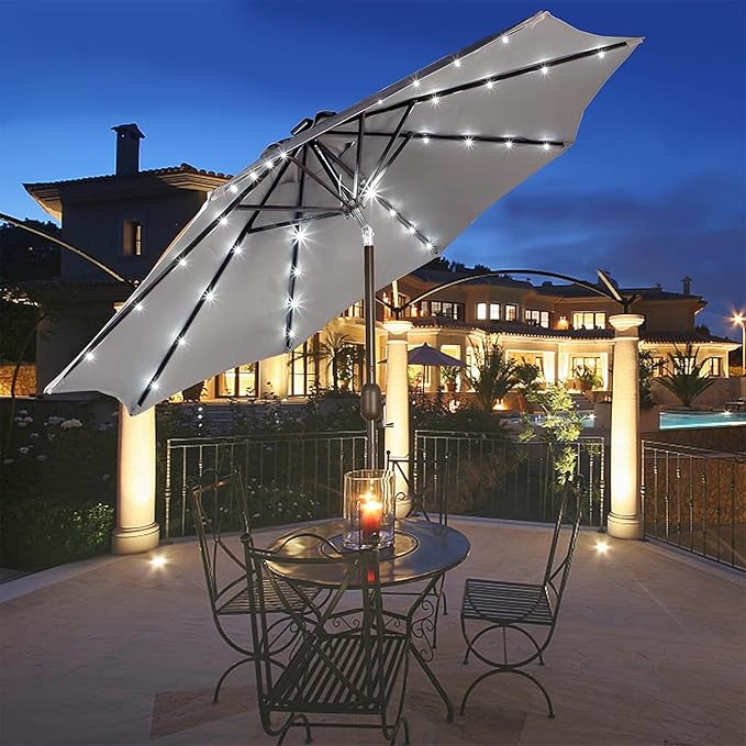 Blissun 9 ft Solar Umbrella, 32 LED Lighted Patio Umbrella, Table Market Umbrella, Outdoor Umbrella for Garden, Deck, Backyard, Pool and Beach (Grey)