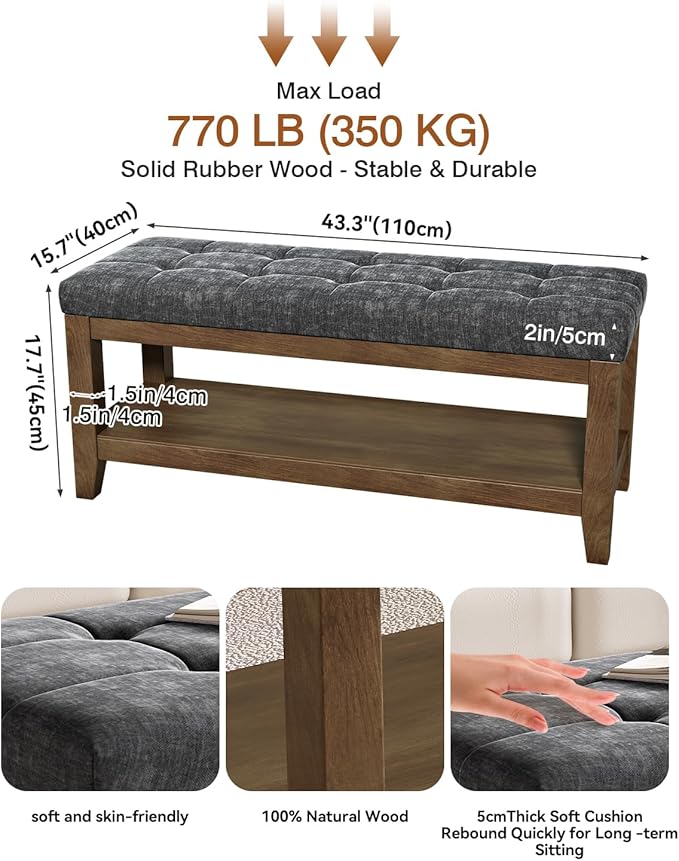 ABHENG Solid Rubber Wood Shoe Bench, Soft Chenille Material Upholstered Seat