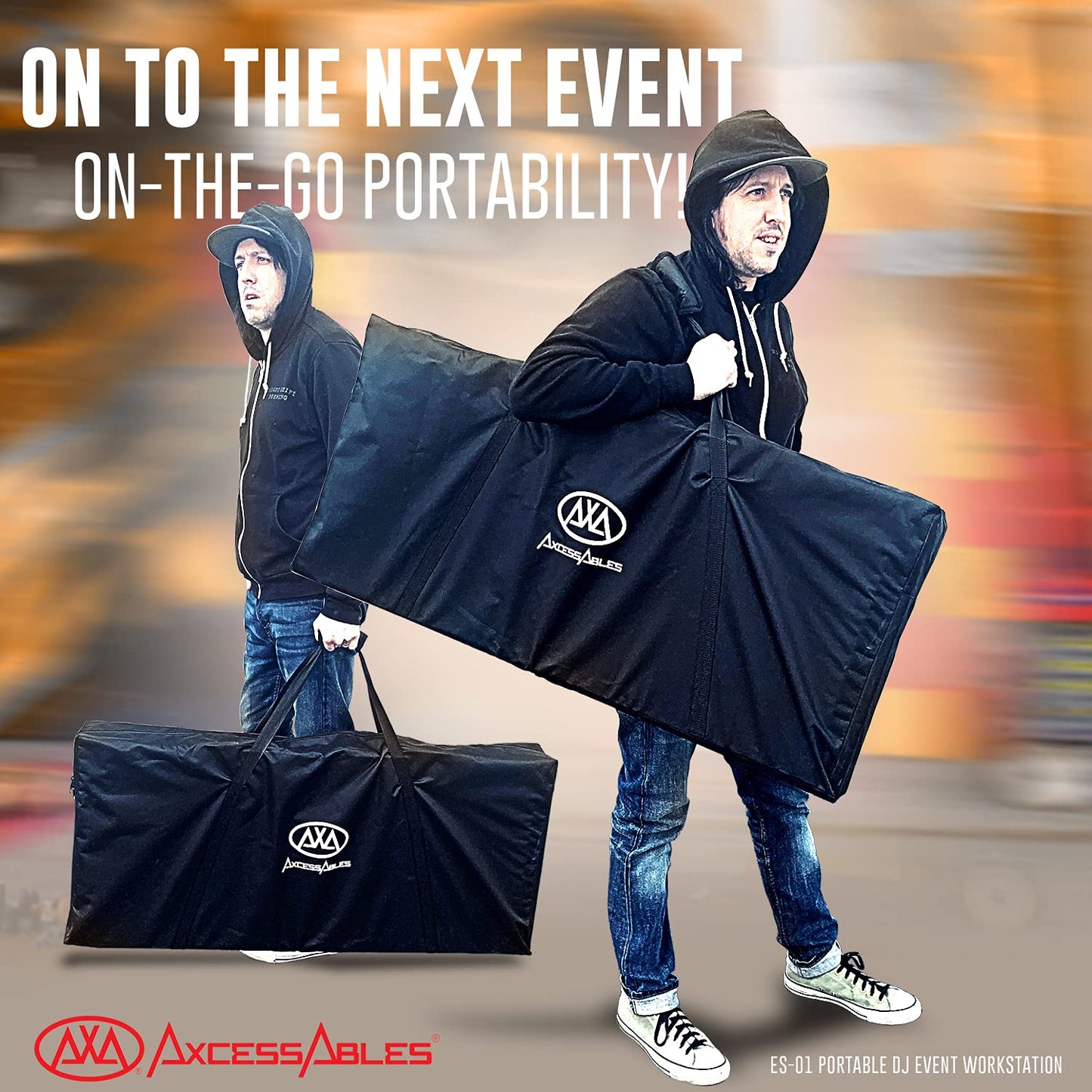 AxcessAbles Portable DJ Facade Booth with Black and White Lighting Scrims, Carry Cases | Standing DJ Table - 40" x 20" | DJ Controller Stand | Recording Mixer Stand | DJ Booth (ES-01)
