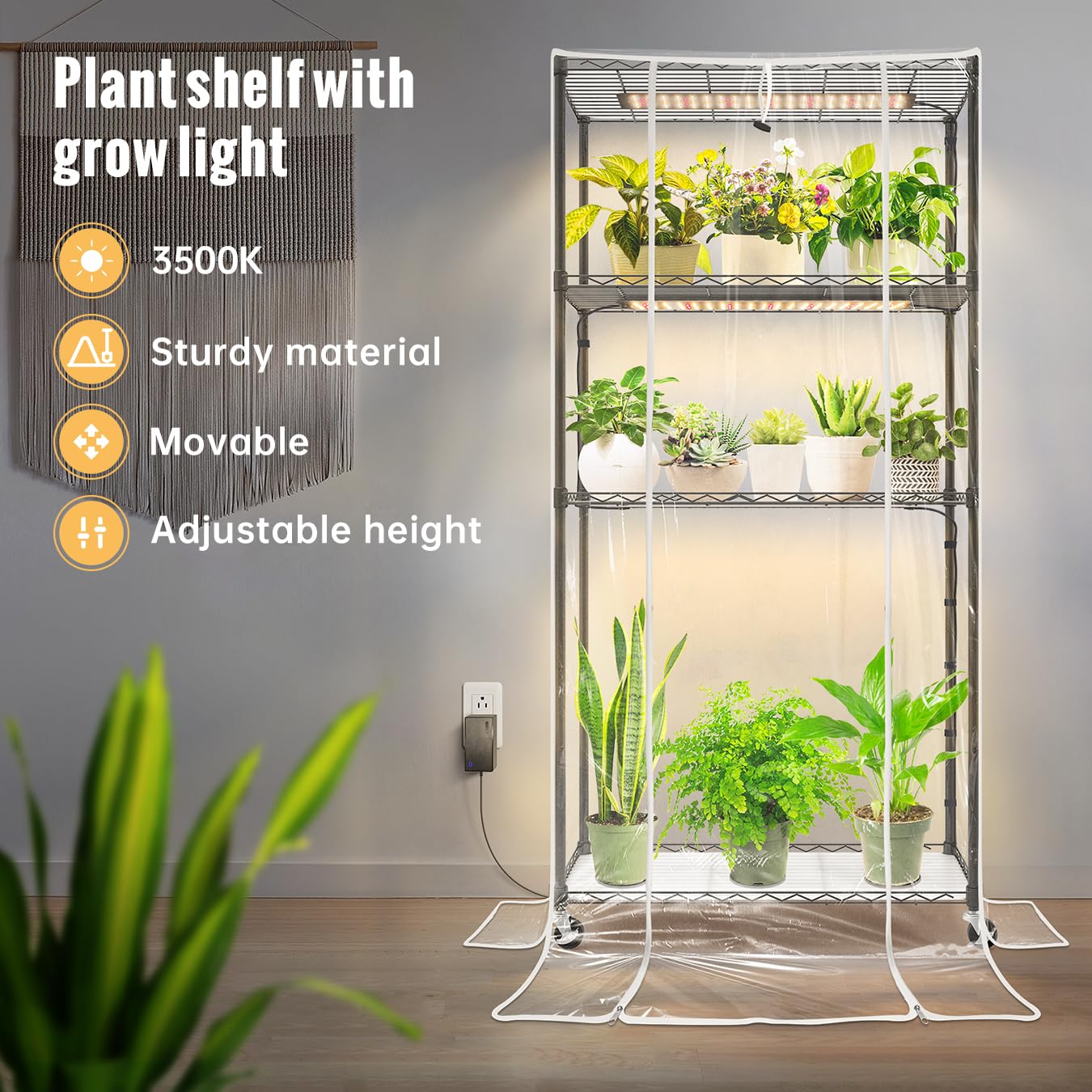 SpeePlant Indoor Greenhouse with Grow Light and Shelves - 4 Tier Plant Stand with Grow Light, Zippered PVC Cover and 3 Dimmable 1.8FT 60W Grow Lights with Timer, 30" L X 14" W X 59" H, Black