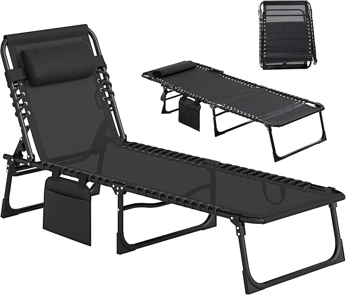 Outsunny Chaise Lounge Chair Outdoor, 5-Position Adjustable Sun Tanning Chair with Carrying Handle and Side Pocket, Folding Bed Cot with Removable Pillow for Garden, Beach, Patio, Pool, Camp, Black
