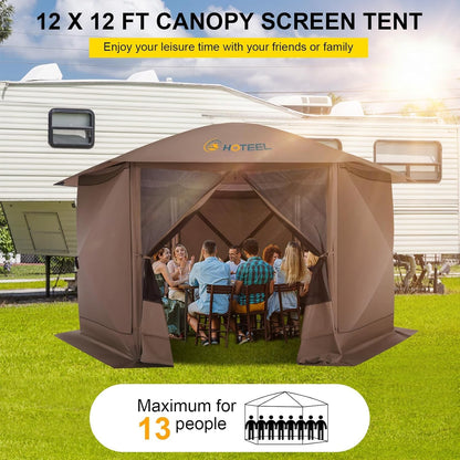 COBIZI 12x12FT Pop Up Gazebo Screen Tent Screen House for Camping, Screen Room with Mosquito Netting, Hub Tent Instant Screened Canopy with Carrying Bag and Ground Stakes, Brown