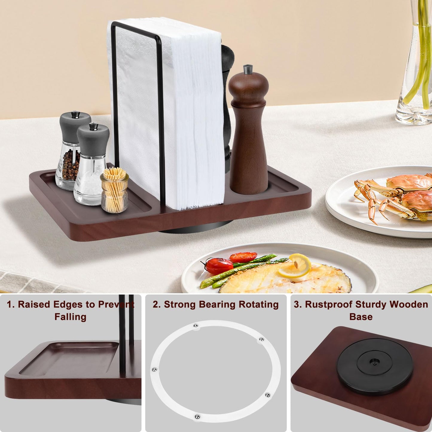 2 in 1 Napkin Holder for Table, Rotating Metal Napkin Dispenser with Salt and Pepper Shakers Caddy Standing Paper Towel Holder for Kitchen Dinner Table and Picnic Decors,Not Including Shakers