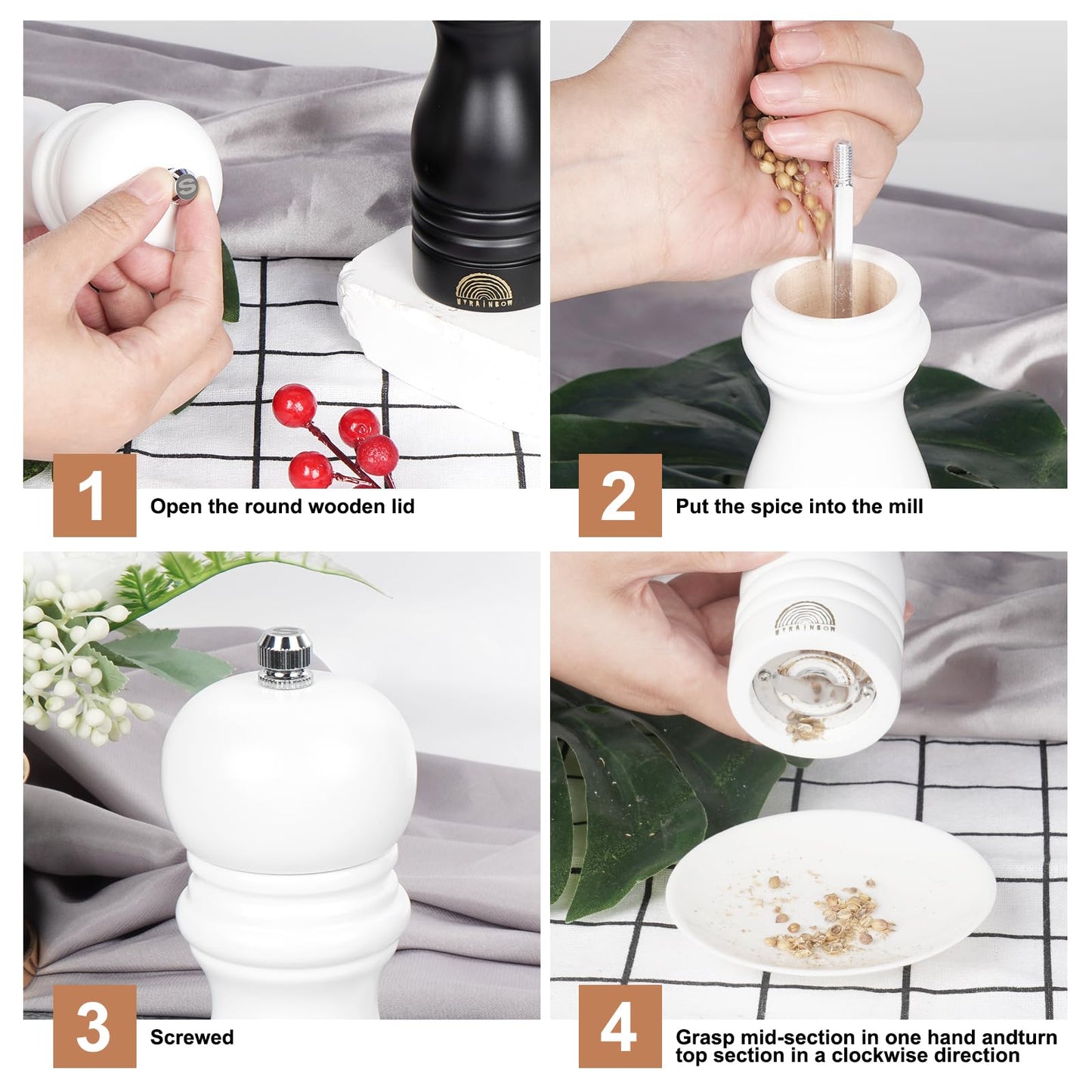 Salt and Pepper Grinder Set - Adjustable Wooden Grinders, White Salt and Pepper Mills, Refillable Salt and Pepper Shakers with Adjustable Coarseness, 7 Inch for Kitchen (Set of 2)