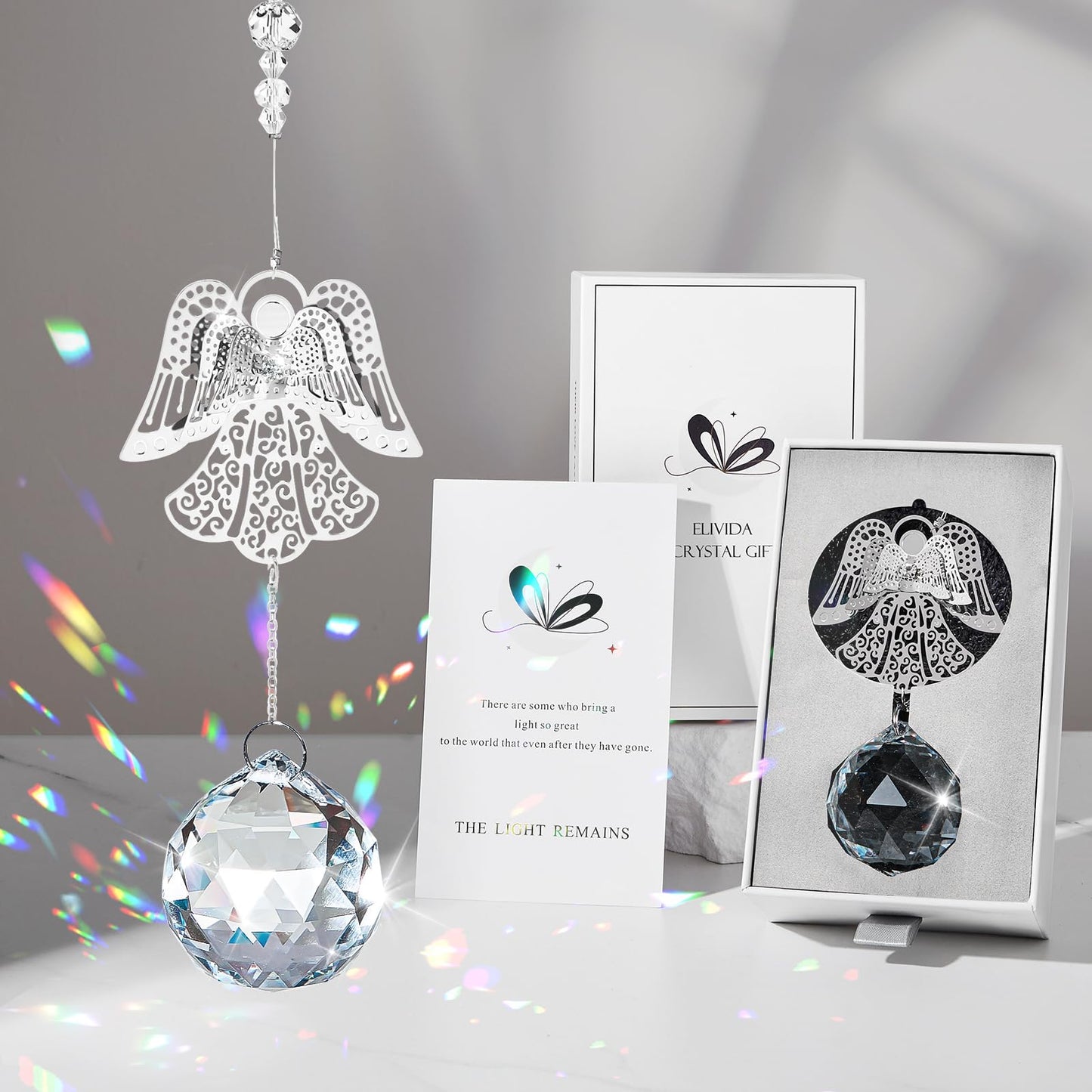 Elivida Memorial Modern Sympathy Gift for Loss of Mom - 3D Angel Design Grief Hanging Ornament With 40mm Clear Crystal Ball Rainbow Maker - Bereavement Idea for Women