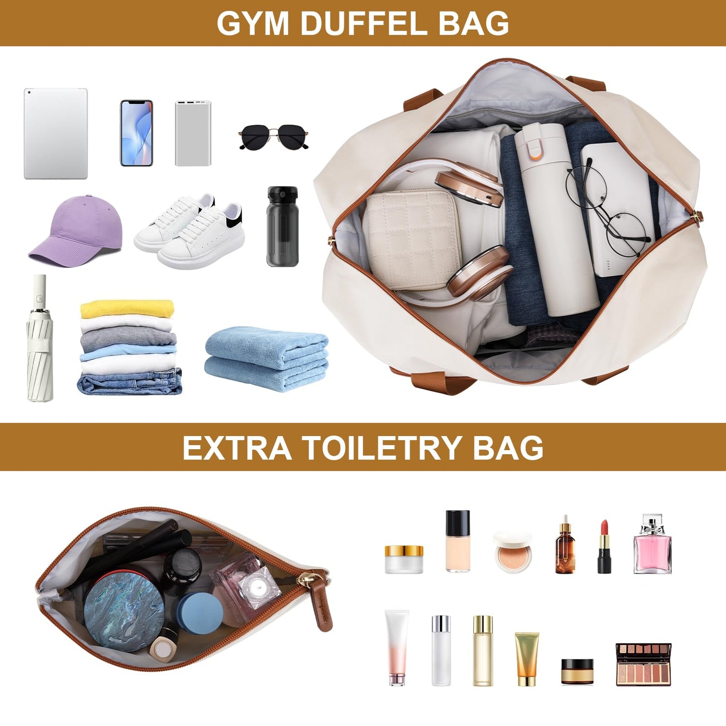 MOSISO Gym Bag for Women, Travel Duffle Weekender Overnight Workout Carry on Gym Duffle Bag with Toiletry Pouch&Shoe Compartment&Wet Pocket&Front Pocket for Fitness, Yoga, Weekend, Beige