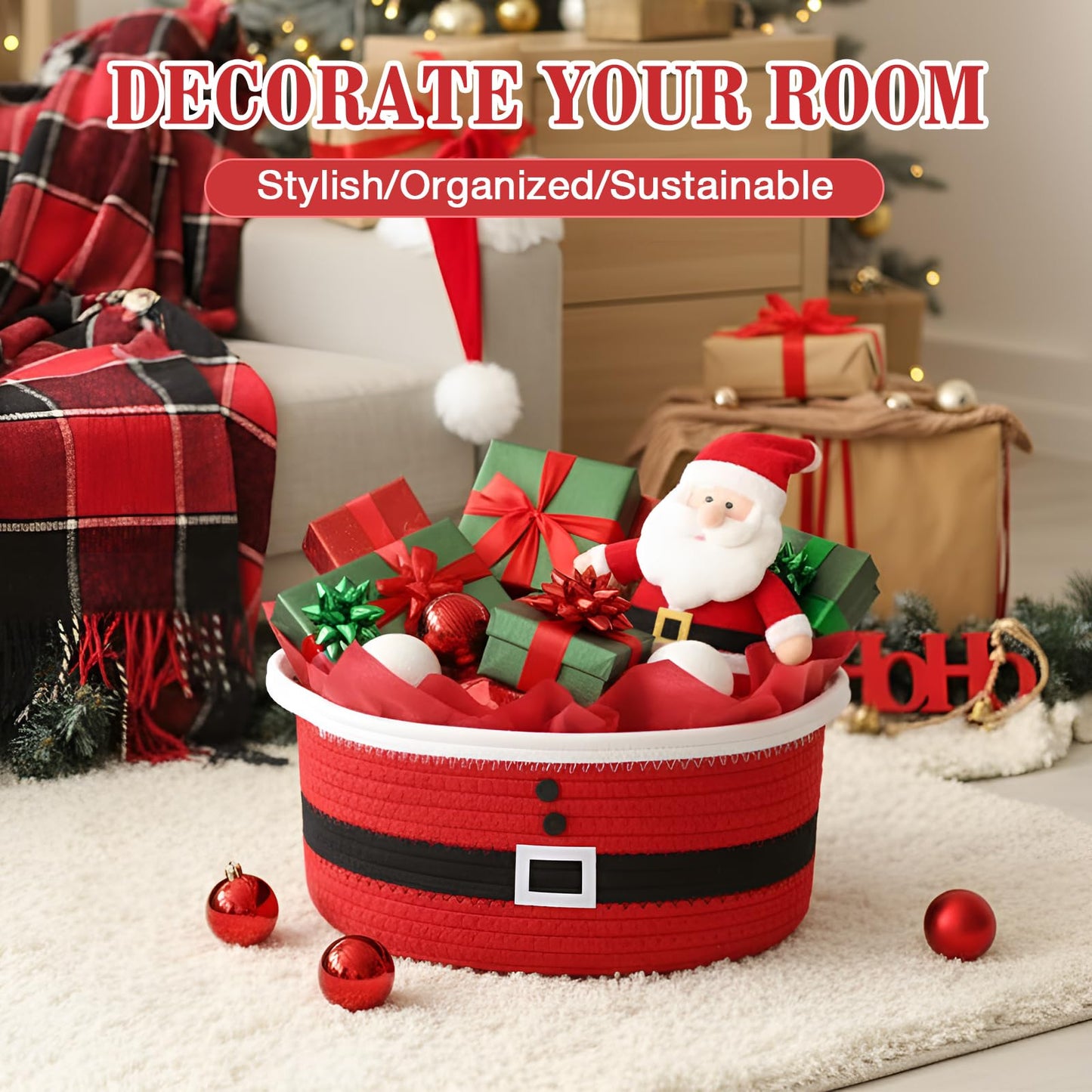 Zopeal Christmas Woven Basket with Gift Bag, Ribbon and Red Tissue Paper Santa Woven Bin Empty Shelf Basket Holiday Decorative for Xmas Gifts, 12 x 8 x 5 inch