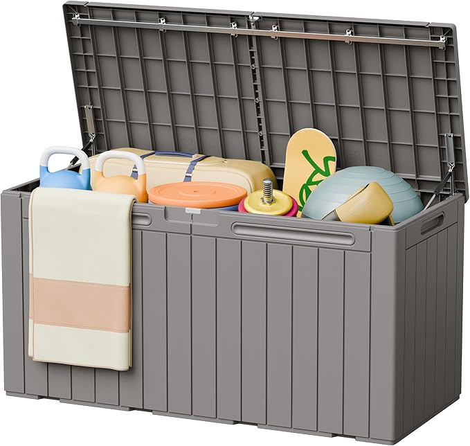 Greesum 110 Gallon Outdoor Storage Box with Lockable Lid, All-Weather Solution for Patio Furniture, Pool Supplies & Garden Tools, Waterproof, UV-Resistant Large Deck Box, Light Coffee