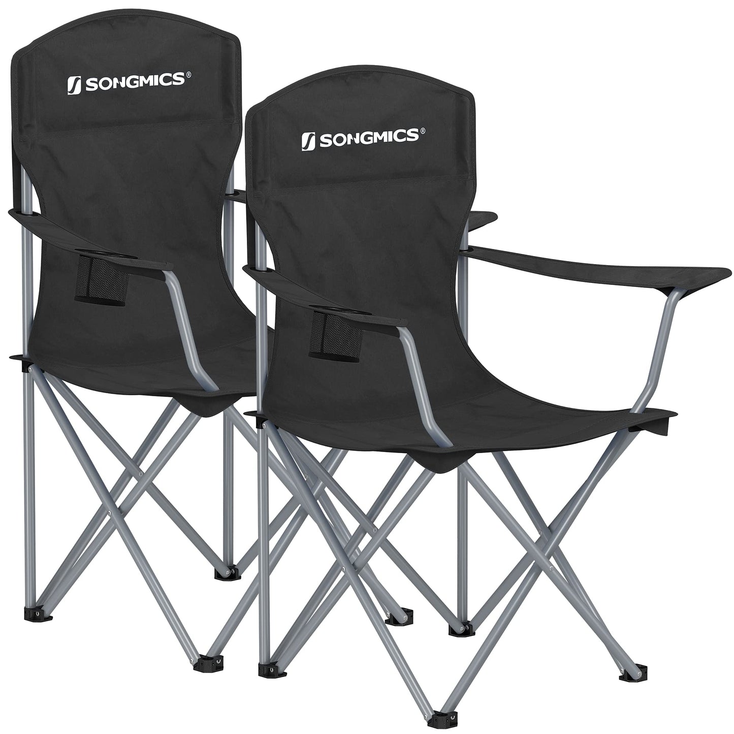 SONGMICS 2 Pack Folding Camping Chairs, Load 330 lb, Cup Holder and High Backrest, Heavy-Duty Structure, for Lawn, Garden, Fishing, Terrace, Black UGCB08BK
