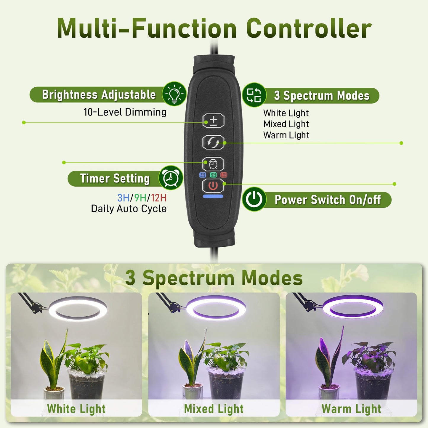 LETKEYS Floor Grow Lights for Indoor Plants, 10in Head Full Spectrum LED Plant Light with Stand, 10 Dimmable Levels & 3 Lighting Modes, Auto On Off Timer 3/9/12H, 36.6-66.6" Adjustable Height, Black