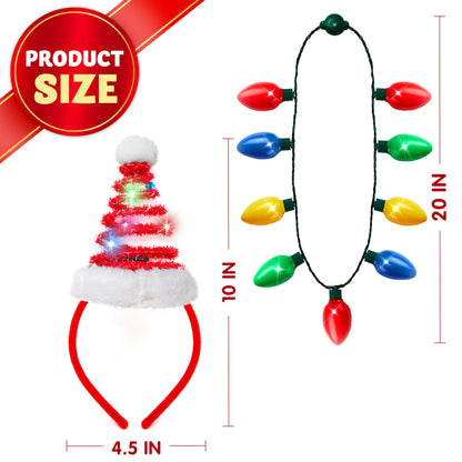 JOYIN 2 Pcs Christmas Lighted Necklace and Santa Hat Headband, Christmas LED Necklace with 9 Bulbs and Xmas Headwear for Holiday Perties Xmas Costume Accessories Party Favors