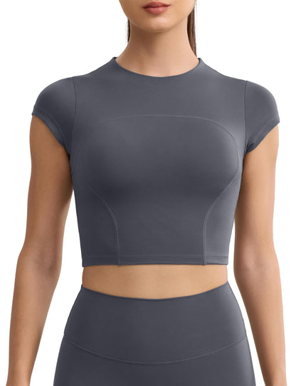 ENERBLOOM Workout Crop Tops for Women Yoga Short Sleeve Mild Support Slim Fit Cropped Athletic Shirts Gym Tee Built in Bra Gray Medium