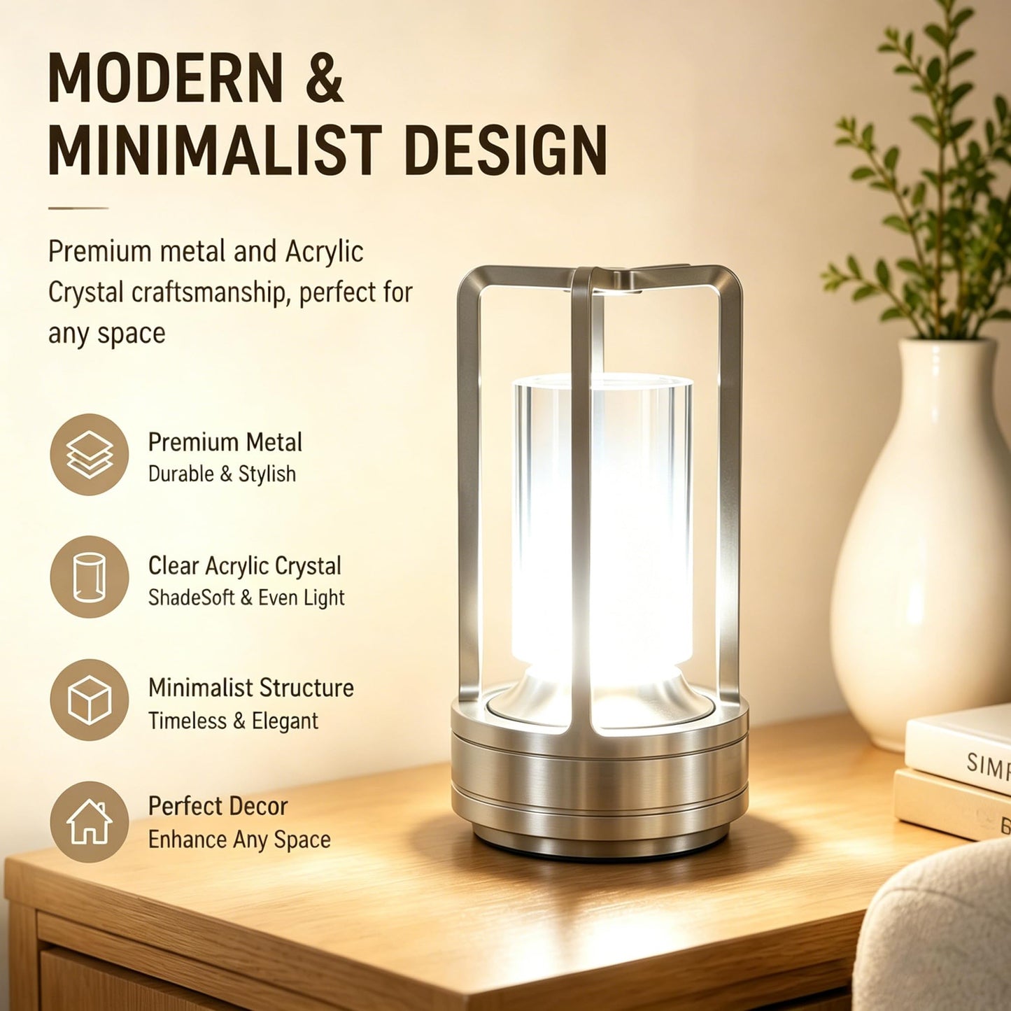 Candico Rechargeable Crystal Table Lamp, 3-Color Touch LED, Silver