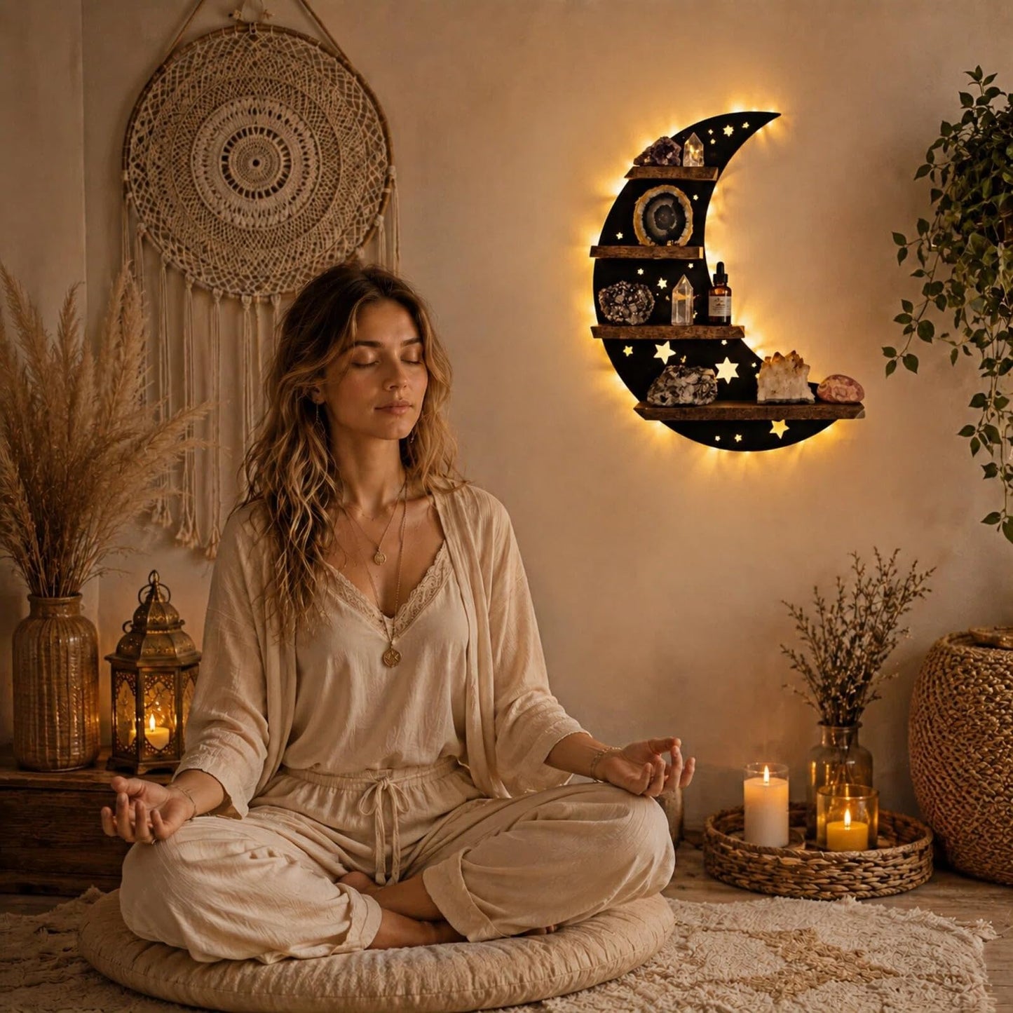 HBSGS Crystal Display Shelf with LED Light, Crescent Moon Wall Shelf for Crystals, Gothic Witchy Room Decor, Wooden Shelf for Essential Oils, Trinkets & Gifts(Moon-38.5 * 36.5cm/15 * 14.4inch)