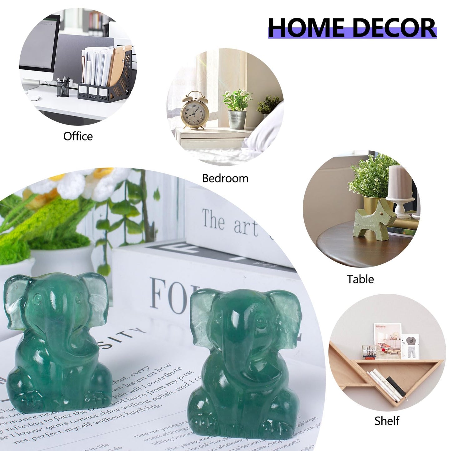 Ytbeoxk 2 Inch Crystal Elephant Decor Statues, Fluorite Cute Sitting Elephant Figurines, Reiki Healing Crystal Carved Animal Statues, Home Office Desk Hand Carved Decor Gifts for Women
