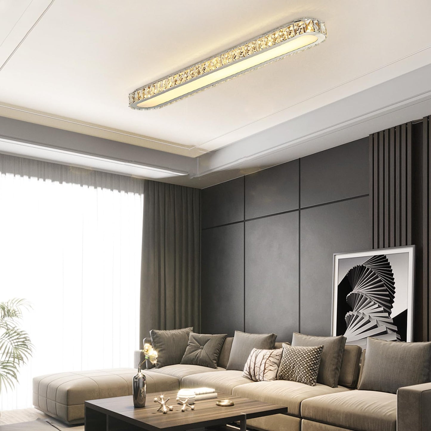 Qcyuui Dimmable LED Ceiling Light 39.4'' Kitchen Lighting Fixtures Ceiling Modern Luxury Crystal Ceiling Light with Remote Chrome Long Ceiling Light Fixture for Kitchen Dining Room Hallway,48W