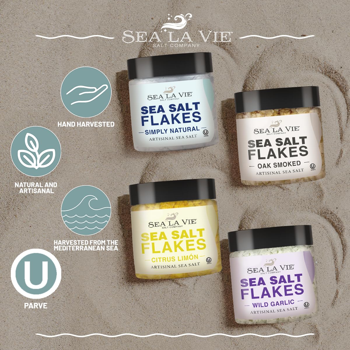 Sea La Vie, Salt Flakes, Set of 4 x 3.5 oz, Variety Pack, Kosher Handcrafted Gourmet Flakey Finishing Salt Pyramids from the Mediterranean Sea
