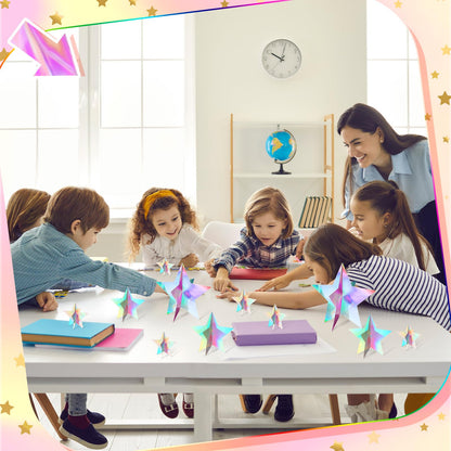 Sinload 45 Pcs 3D Glitter Iridescent Star Decorations 3 Sizes Holographic Star Standing Hanging Centerpieces for Back to School Disco Karaoke Music Wedding Mermaid Birthday Starry Movie Night Party