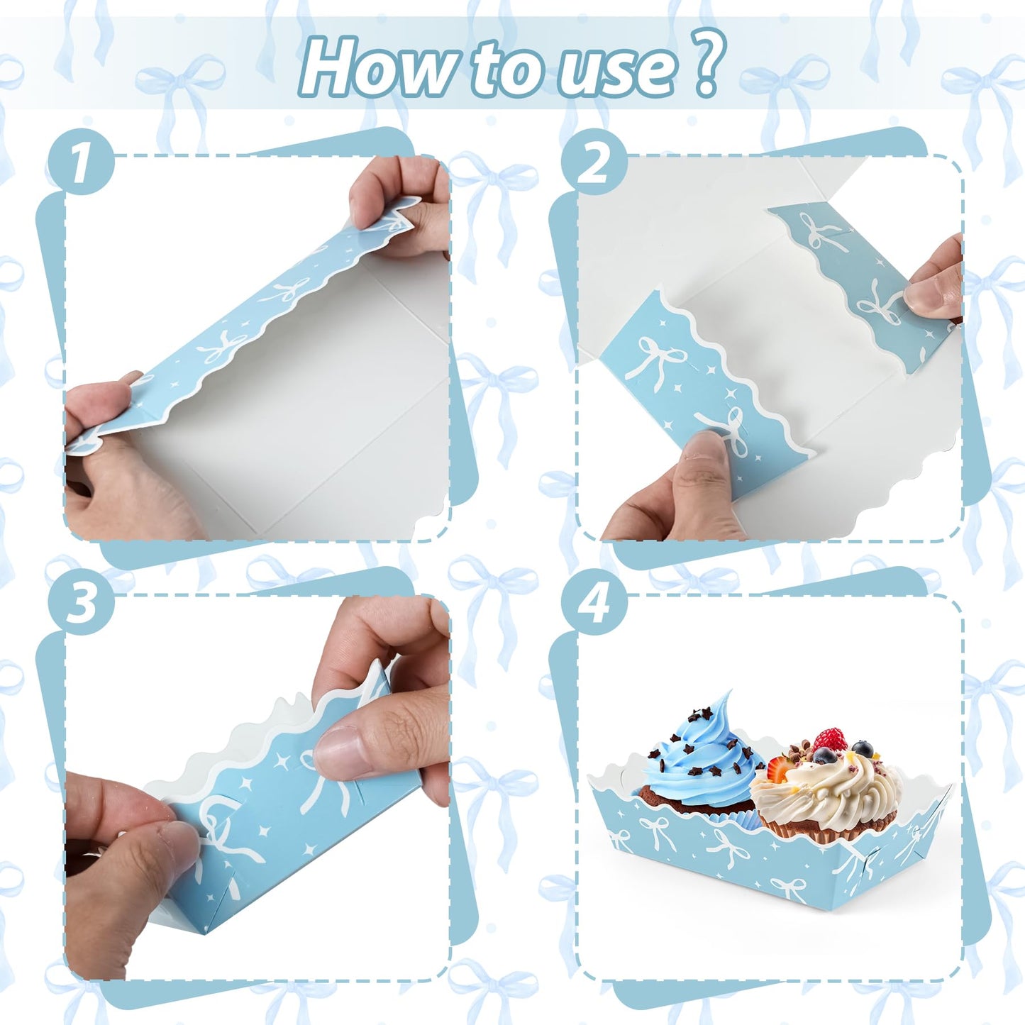 100 Pcs Blue Bow Paper Food Trays Blue Coquette Cookie Tray for Gift Giving Scalloped Food Serving Boat Disposable Trays for Serving Snack Bridesmaids Wedding Party Favors