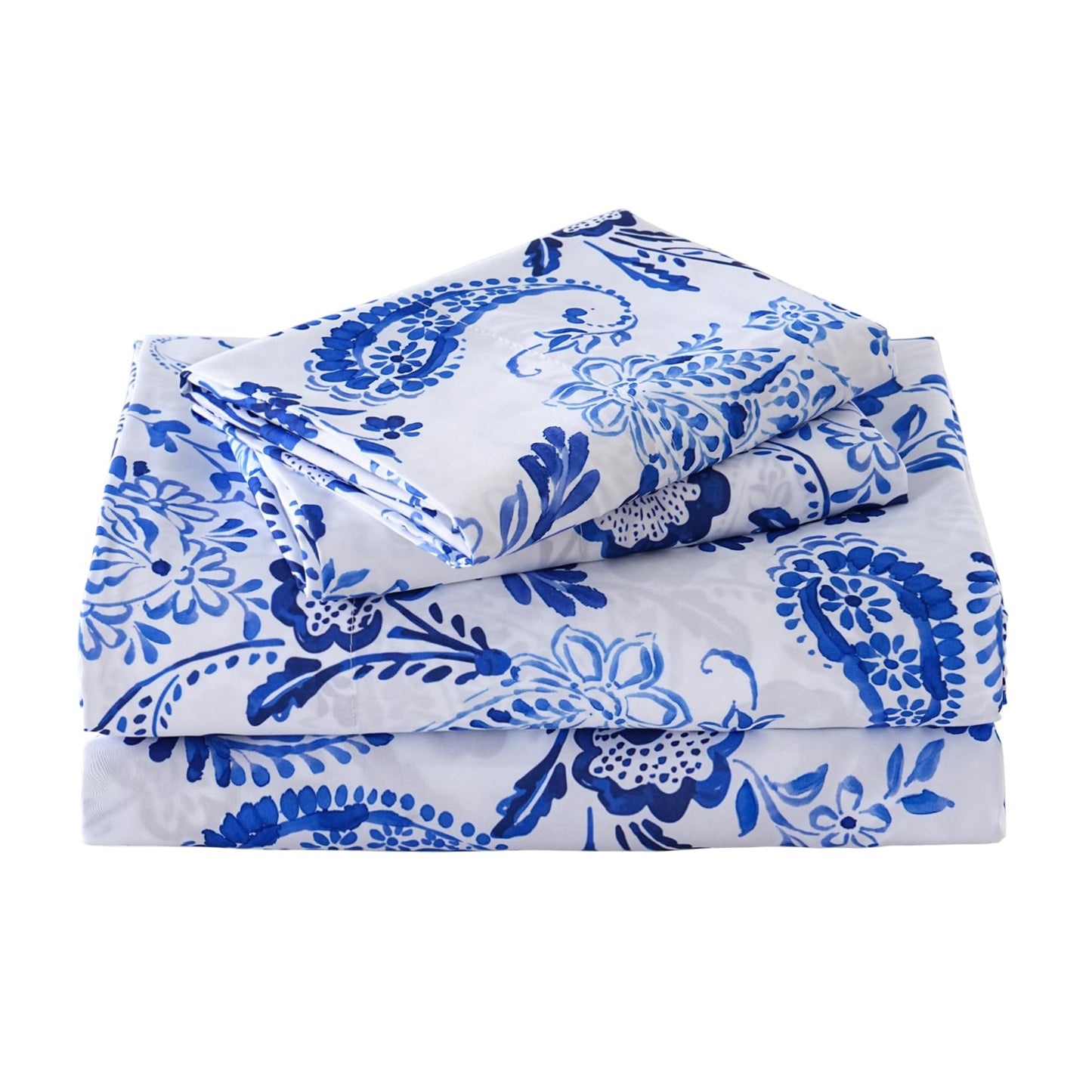Yibeizi Queen Sheet Set Deep Pocket Queen Size Blue Floral Bed Sheets Set, Paisley Printed Soft Microfiber Oeko-Tex Sheets & Pillowcases Hypoallergenic Wrinkle Free Bedsheets