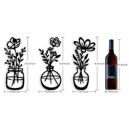 3 Pieces Black Metal Flowers Wall Decor Grandma Mothers Day Gift Birthday Gifts for Women Wall Art Metal Wall Sculptures Hanging for Indoor Kitchen Bathroom Bedroom living room 14.56x5.9 inches