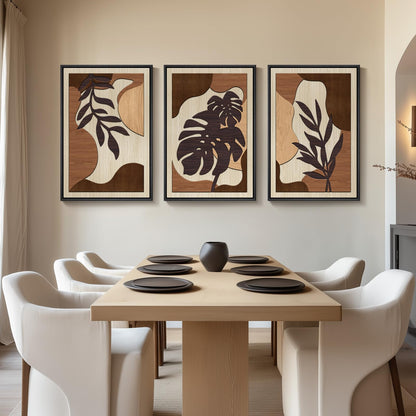 Framed Textured Wood 3D Wall Art for Living Room, Large Boho Tropical Brown Artwork for Walls, 3 Piece Farmhouse Botanical Leaf Wood 3D Textured Wall Art Decor for Office Bedroom Hallway, 24x36 Inch