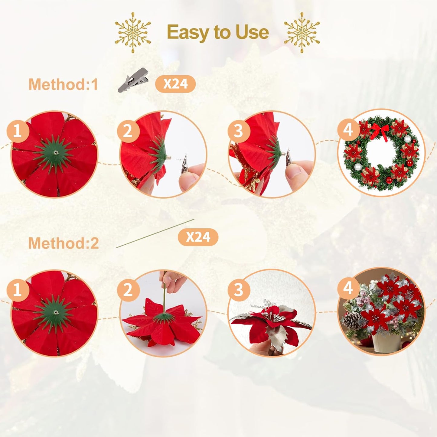 Christmas Tree Decorations 6“ Glitter Poinsettia Flowers - 24 Pcs Christmas Artificial Flowers for Tree Ornaments with Clips, Festive Decorations for Wreath, Mantel & Home Christmas Decor, Sliver