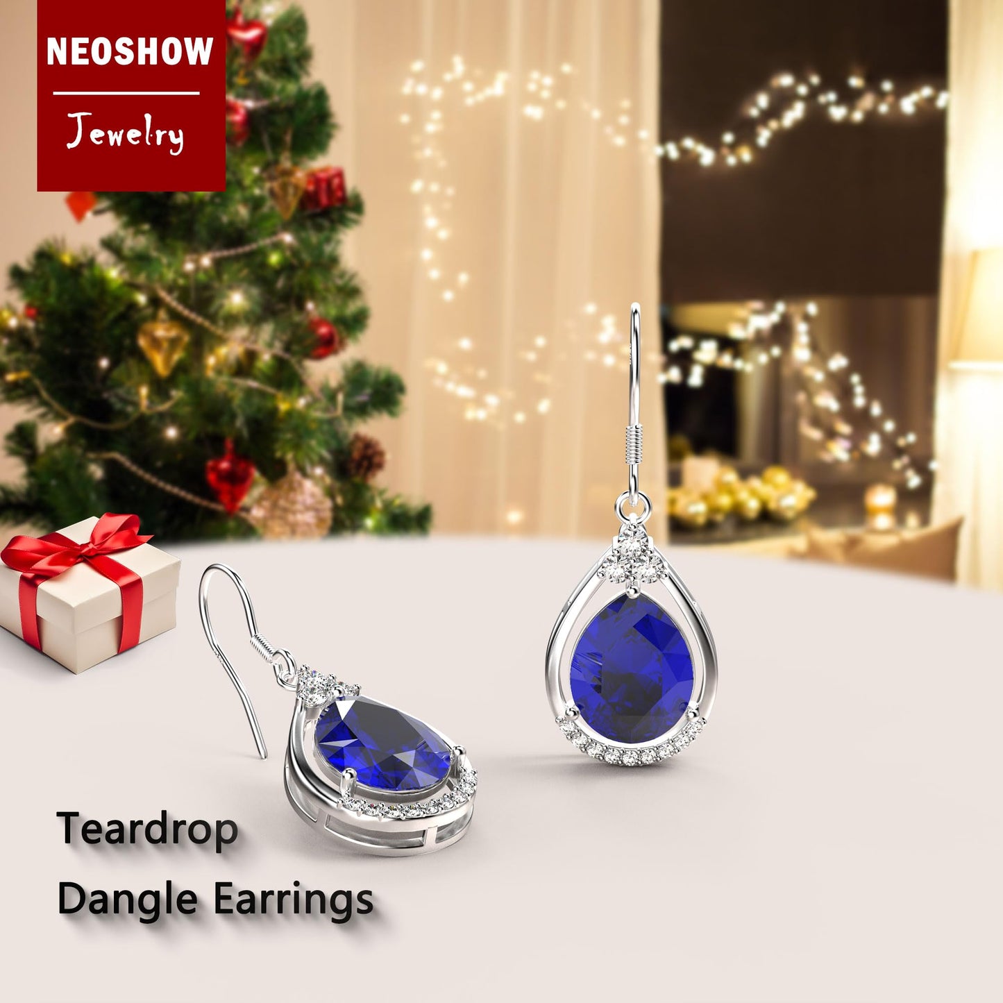 18K White Gold Plated Sterling Silver Teardrop Cubic Zirconia Drop Dangle Earrings for Women Pear Cut CZ Diamond Dangle Earrings Hypoallergenic Jewelry (Blue)