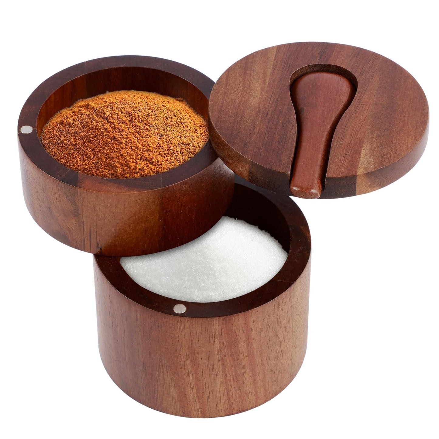FALESOUL Acacia Wood Salt and Pepper Bowl, 2 Tier Bamboo Kitchen Salt and Pepper Storage Box with Magnetic Swivel Lids, Nature Wood Salt Cellar and Spices Storage Box for Seasonings Spices Pepper