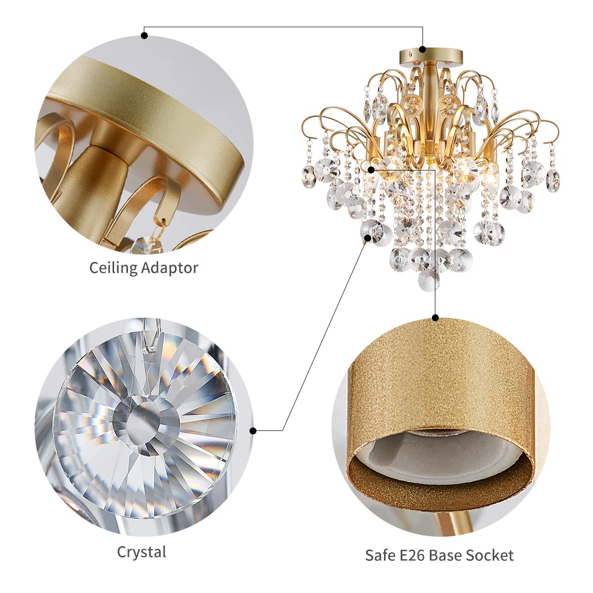 WUZUPS Crystal Chandelier Flushmount Ceiling Light Modern Lighting Fixture for Bedroom Hallway Bar Kitchen Bathroom, H 17.5'' x W 19.3'', E12 Base, Gold