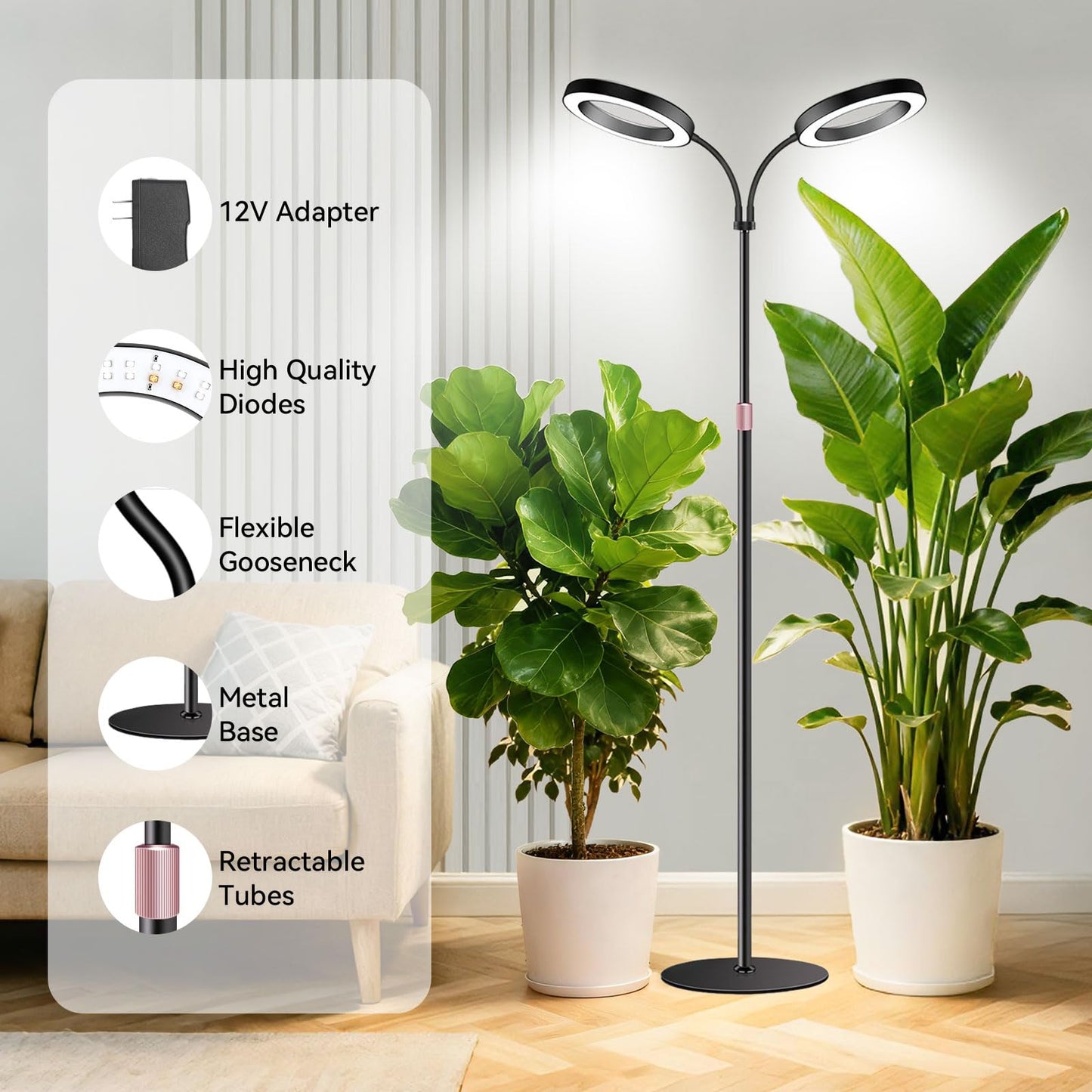 Dual-Head Grow Lights for Indoor Plants, Full Spectrum Plant Lights with 23.5-67" Adjustable Height Stand, 3 Growing Modes with Timer 3/9/12H, Dimmable Halo Grow Lights for Large Tall Plants