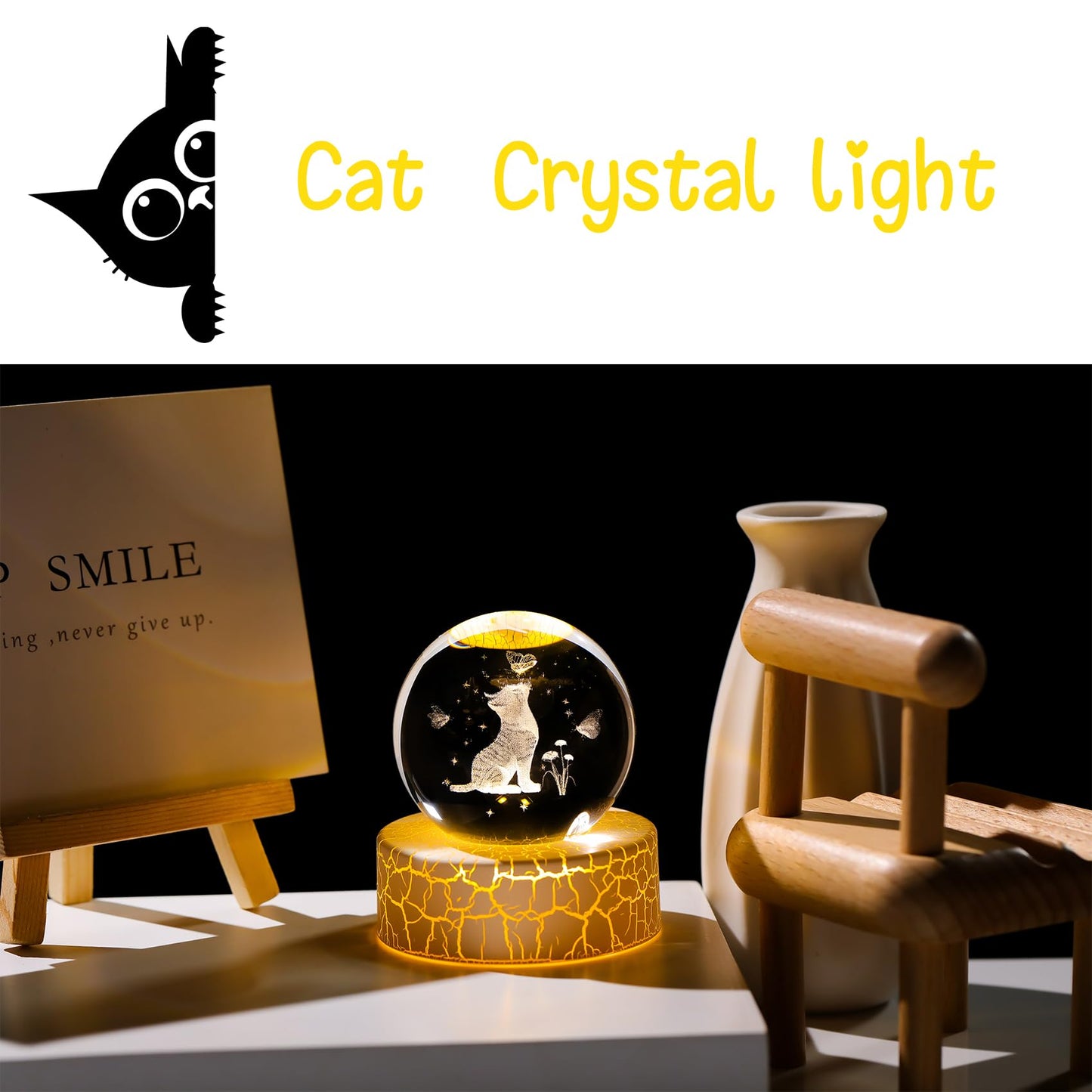 2.36in. Miniatured Cat with Butterflies Birthday Christmas for Women Girlfriend, 3D Glass Engraved Cute Cat K9 Crystal Ball with Light Base for Home Office Decoration