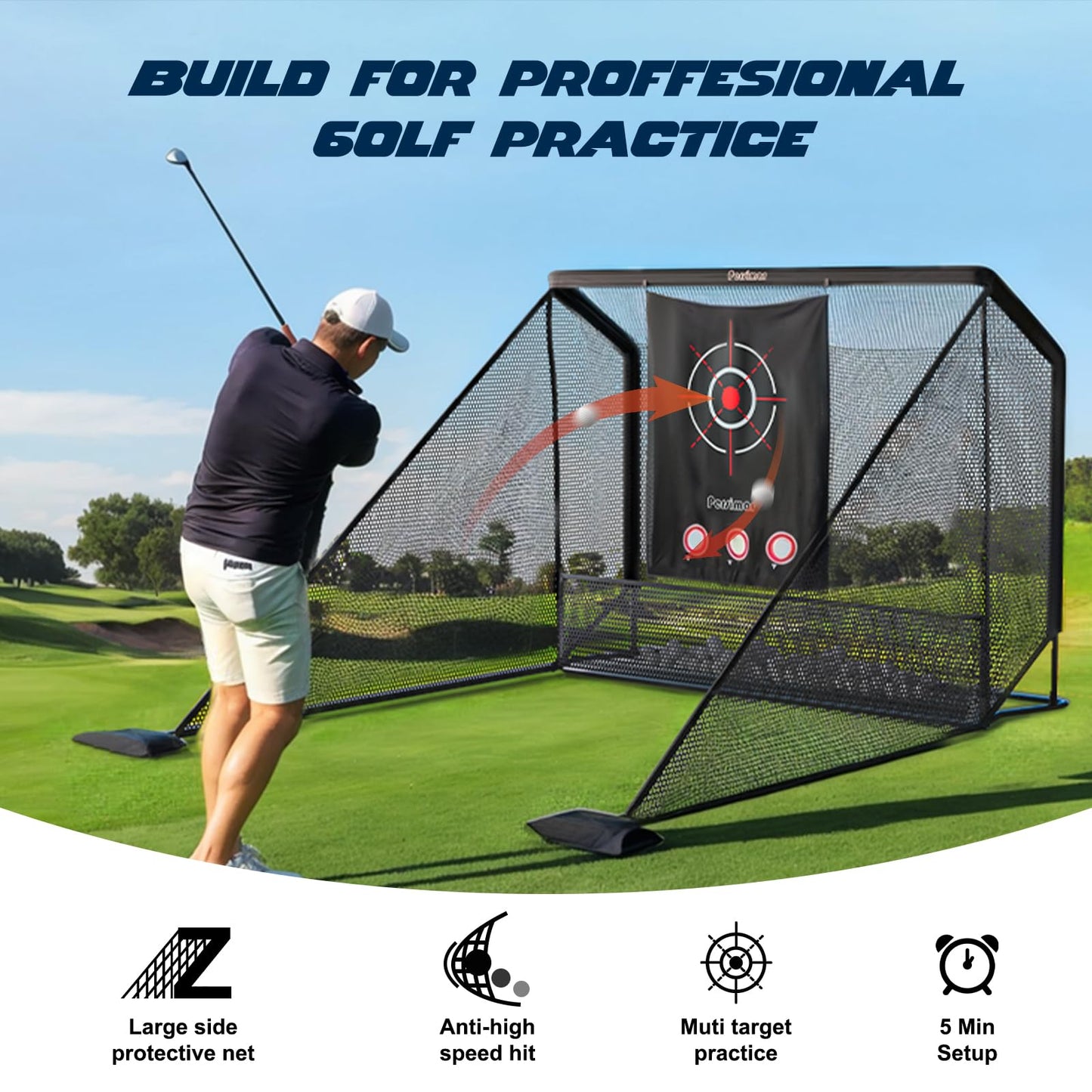 Golf Cage Practice Hitting Net,10x7ft Heavy Steel Frame with 2 Net Side Barriers,for Backyard Driving Chipping Swing Training, Home Range for Indoor& Outdoor.