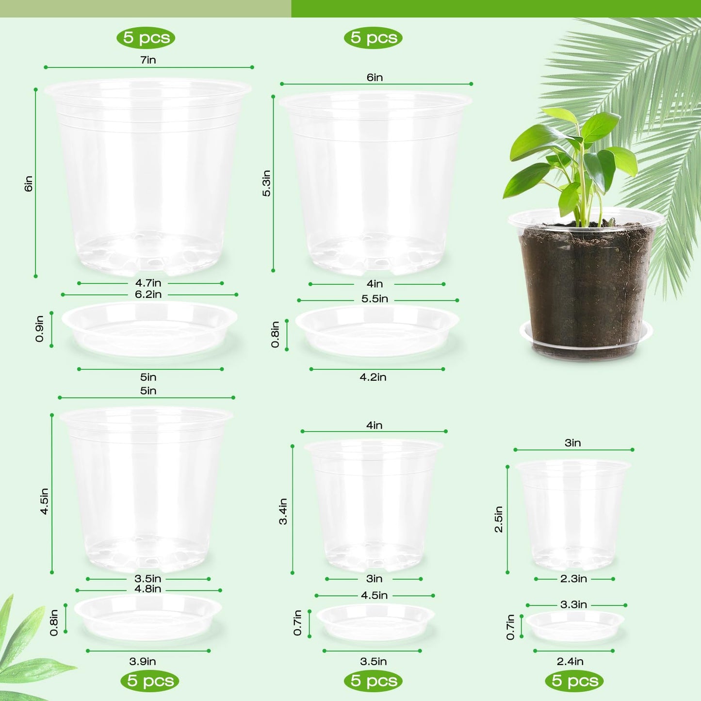 FUOAUYK 7/6/5/4/3 Inch Clear Nursery Pots with Drainage Trays, 25 Pack Plastic Pots for Plants, Clear Pot for Seed Starting, Transplanting, Succulents, and Indoor Gardening (3+4+5+6+7 inch)