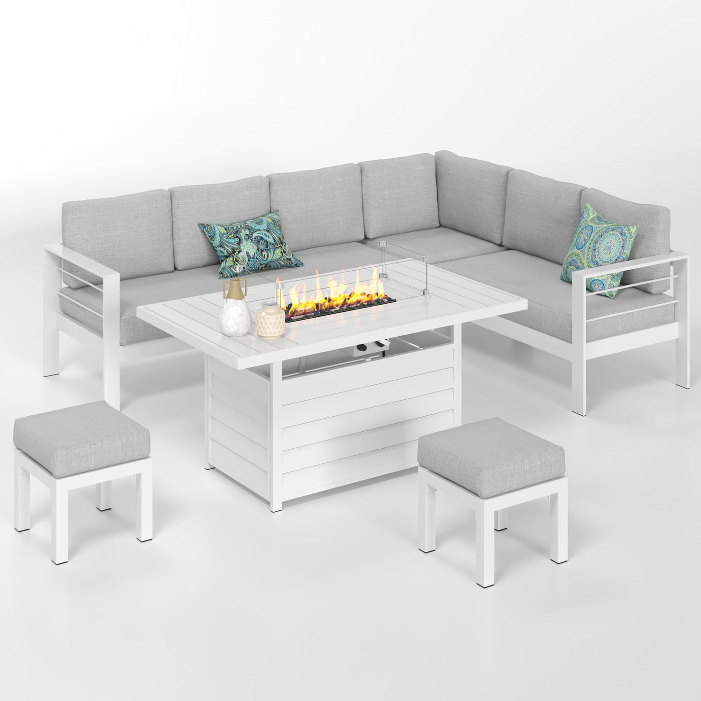 Solaste Aluminum Patio Furniture Set with Fire Pit Table, 6 Piece Sectional Metal Outdoor Furniture with Ottoman, Modern Patio Conversation Set Water-Resistant Cushion for Balcony, Front Porch, White