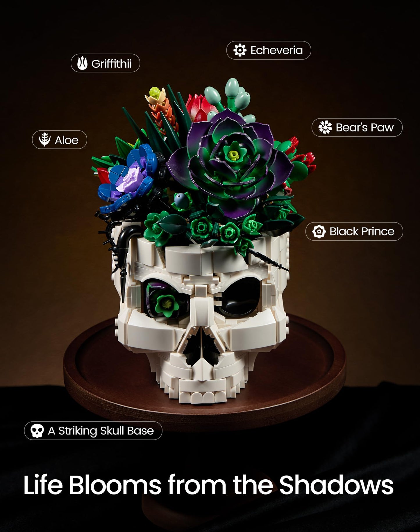 Succulent Skull Planter Flowers Building Set, Botanical Skeleton Pot Collection Building Kit, Horror Plants Home Office Table Decoration Blocks Toys for Adults, Gift for Birthday Mother's Day