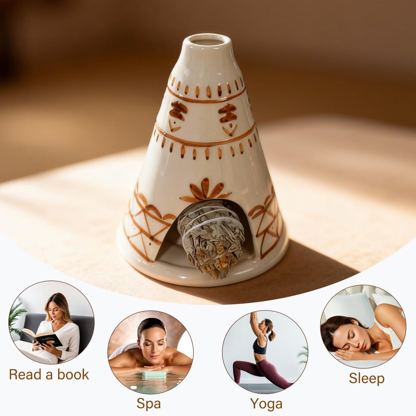 MOUGIGI Handcrafted Palo Santo Holder Ceramic Chimney Incense Burner - Tent Shape - Safe for Palo Santo Sticks Sage & Incense Cones for Meditation Yoga Zen Altar Aromatherapy - Thoughtful Gift Idea