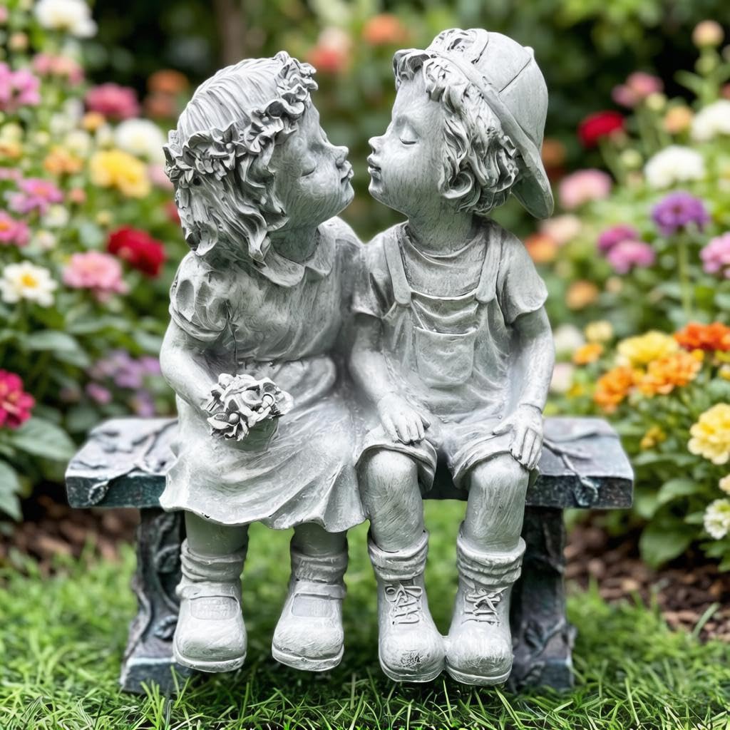 Ahbuohe Garden First Kiss Outdoor Statue Decorative, Flower Bed Decor Puppy Love Kissing Couple,Boy and Girl Kissing Garden Figurine for Yard Patio Art