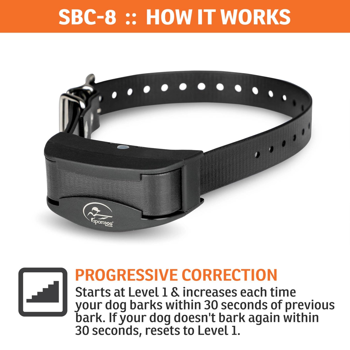 SportDOG Brand NoBark SBC-8 Bark Control Collar - Static Collar with Progressive Correction - Waterproof - Static Stimulation - Dogs 8 lbs & up
