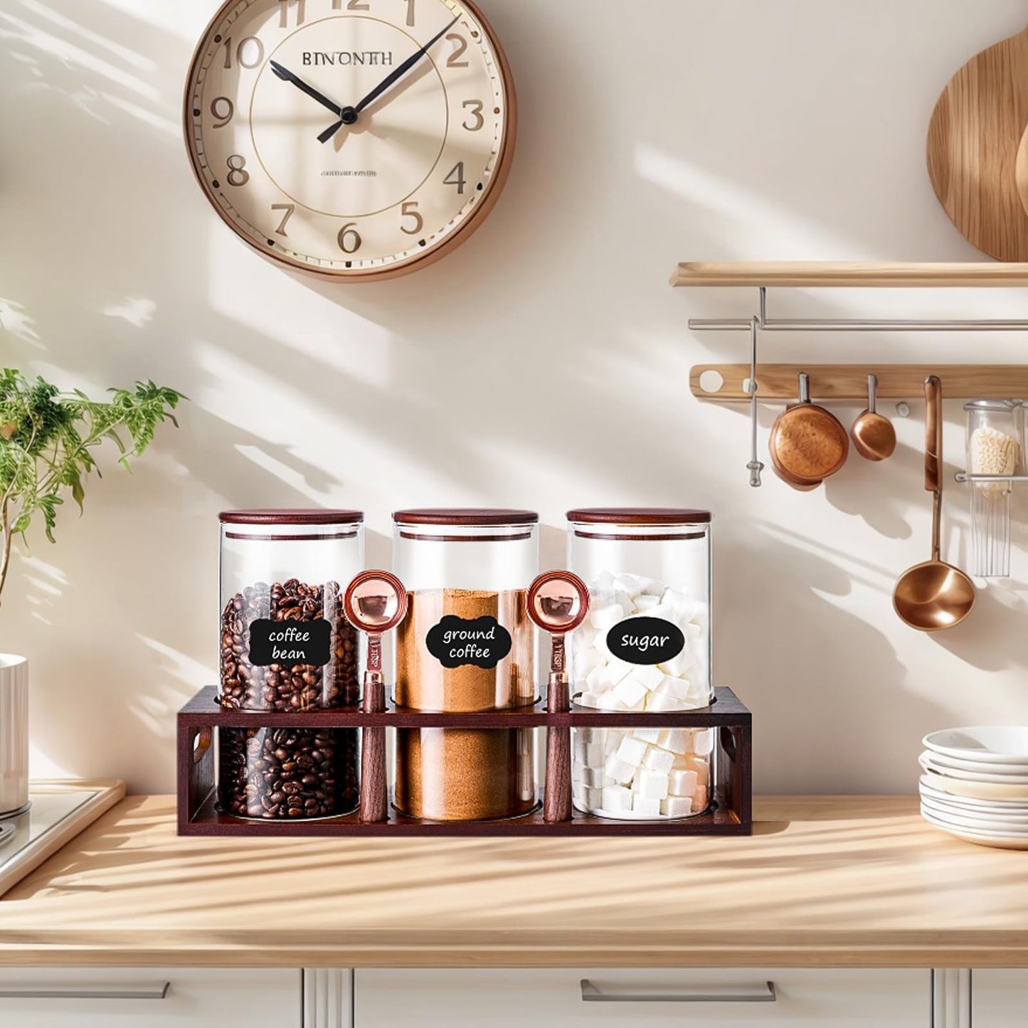 ZOMUIA Glass Coffee Containers Airtight Coffee Bean Storage Canisters with Shelf, 3Pcs 44oz Coffee Station Organizer, Kitchen Food Storage Jars for Sugar, Candy, Oats, Nuts (Retro)