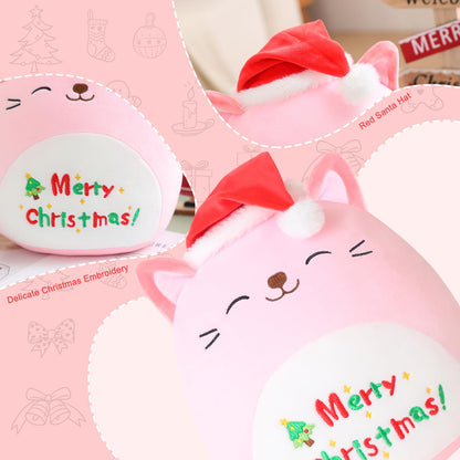 SQEQE Christmas Cat Stuffed Animal Pink Cat Plush Wearing Red Hat Kawaii Plushie Toys Soft Home Plushie Decoration Gifts for Boys Girls (Caticorn, 10 Inch)