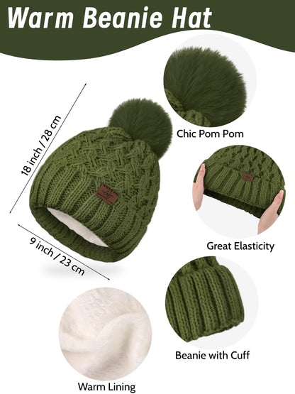 URATOT Women Winter Beanie Hat Scarf Gloves Ear Warmer 4 in 1 Set Beanie Pompom Hat Touchscreen Gloves Long Scarf Ear Warmer Dark Olive