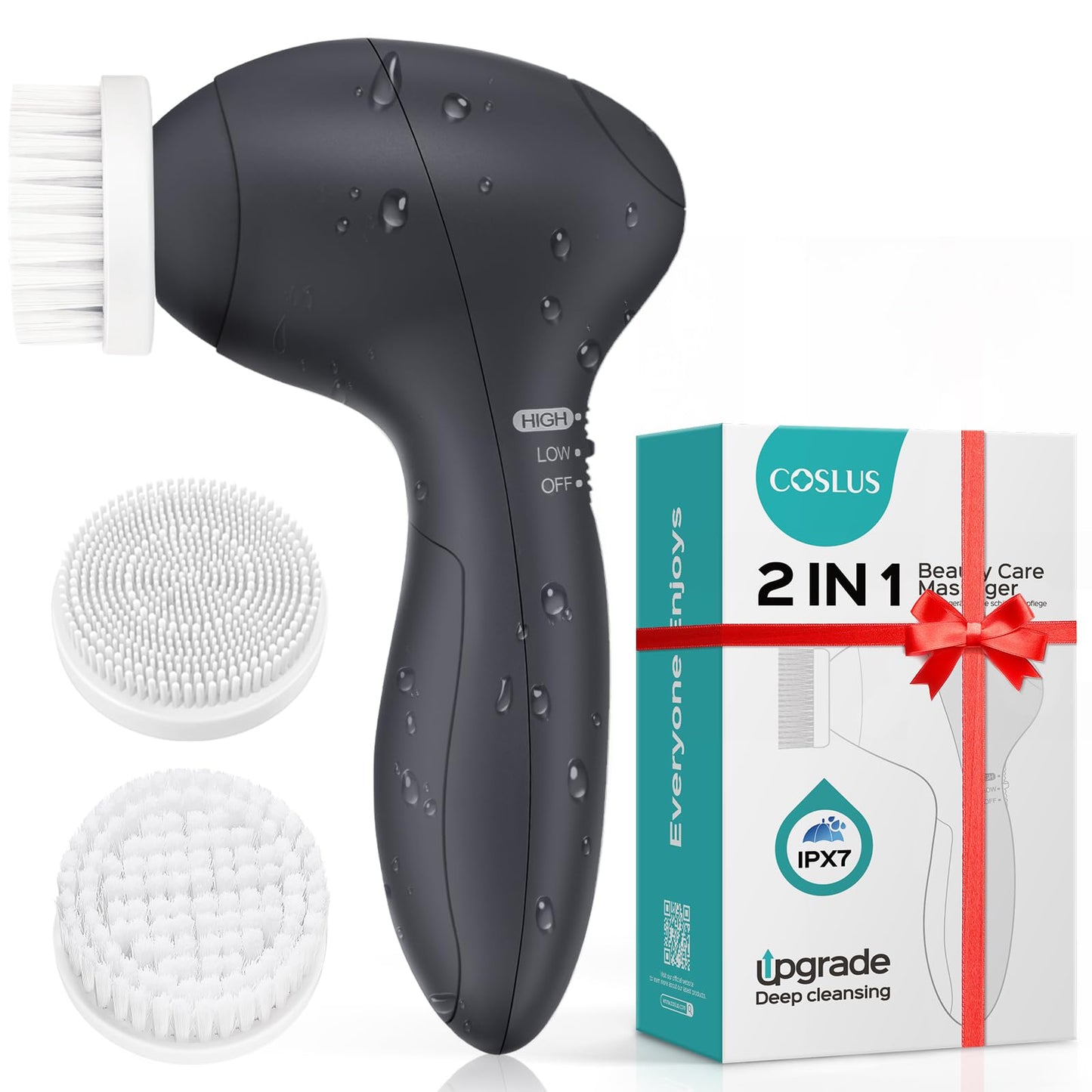 COSLUS Facial Cleansing Brush Silicone Face Scrubber: 2 in1 FBS-D Electric Exfoliating Massage Device Waterproof Deep Cleaning Exfoliation Rotating Spa Machine - Electronic Skin Care Wash Clean System
