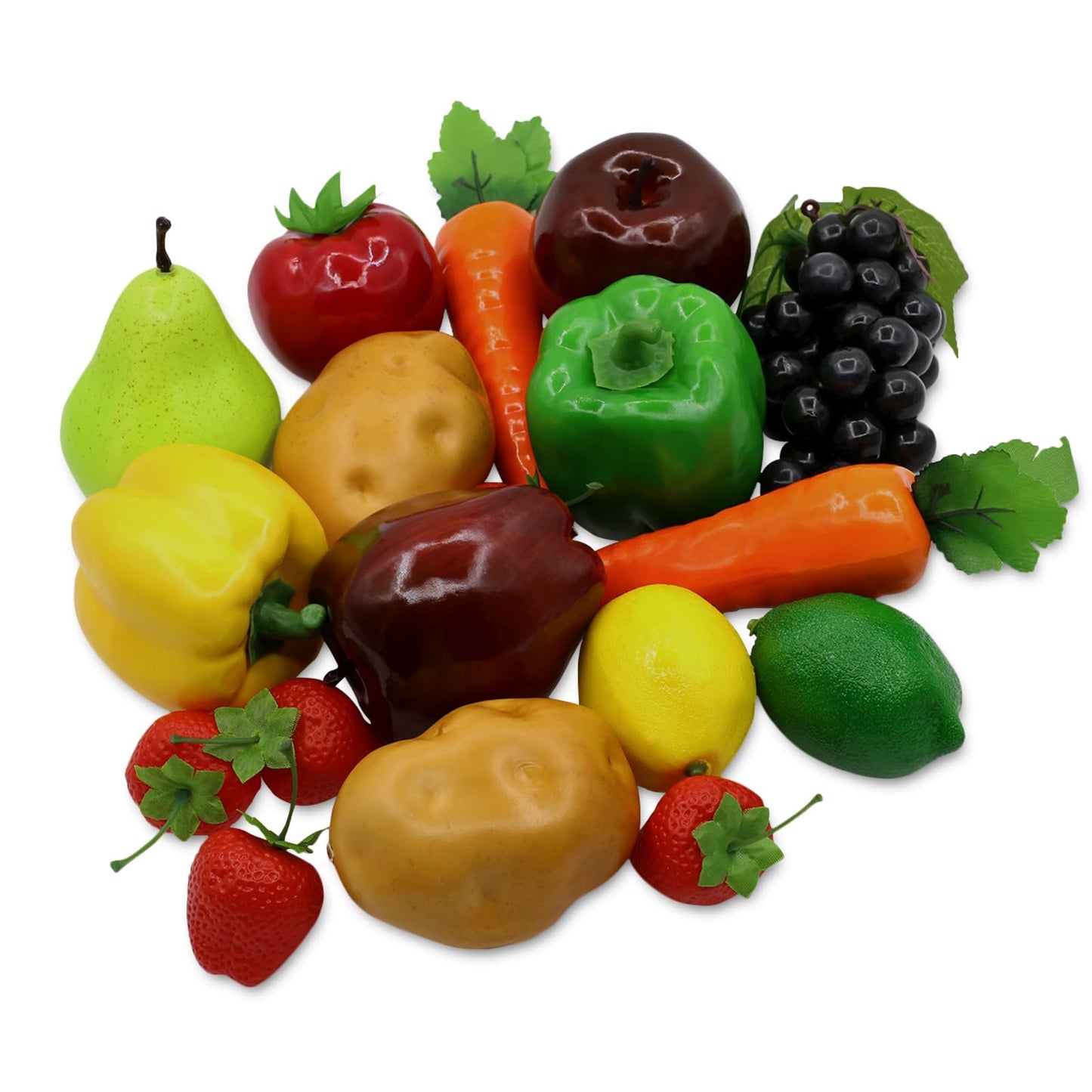 18Pcs Fake Fruits Vegetables Realistic Artificial Frutis Foam Decoration Faux fruit Lifelike Simulation Vegetable for Home Kitchen Festival Ornament Bell Peppers Strawberry Carrots Plastic Lemon