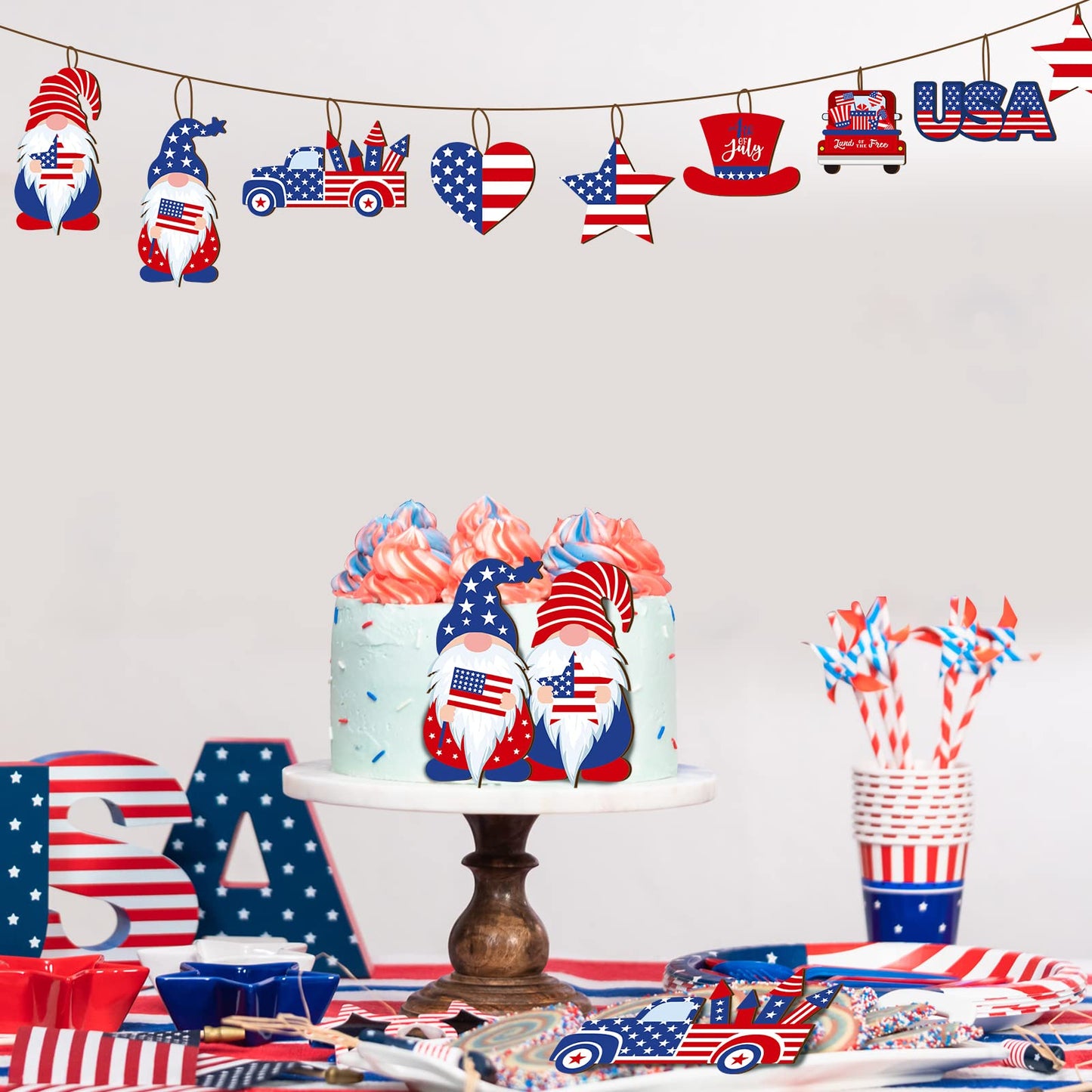 Qunclay 36 Pcs 4th of July Ornaments for Tree, Wooden Patriotic Tree Decorations with Gnome, Star, Truck Shape, Red White Blue Hanging Ornament for Independence Day, 250th Anniversary Home Party Decor