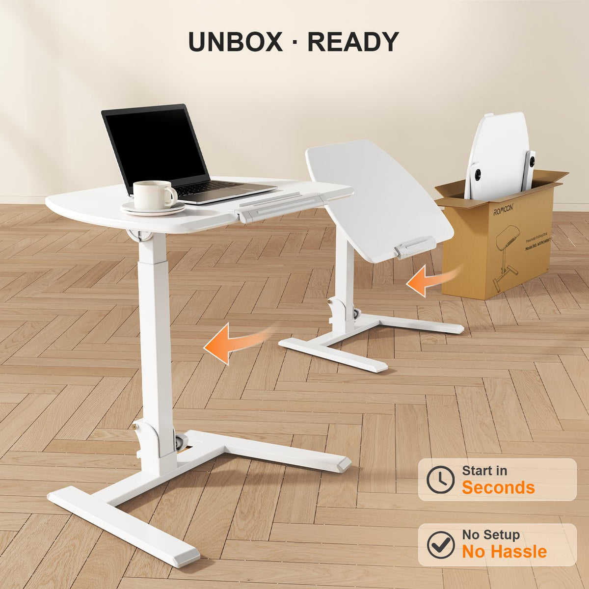 ROMOON Folding Small Standing Desk with Wheels, No-Assembly Portable Sit-Stand Laptop Cart, Adjustable Height Rolling Space Saving Workstation for Home Office, Small Space (White)