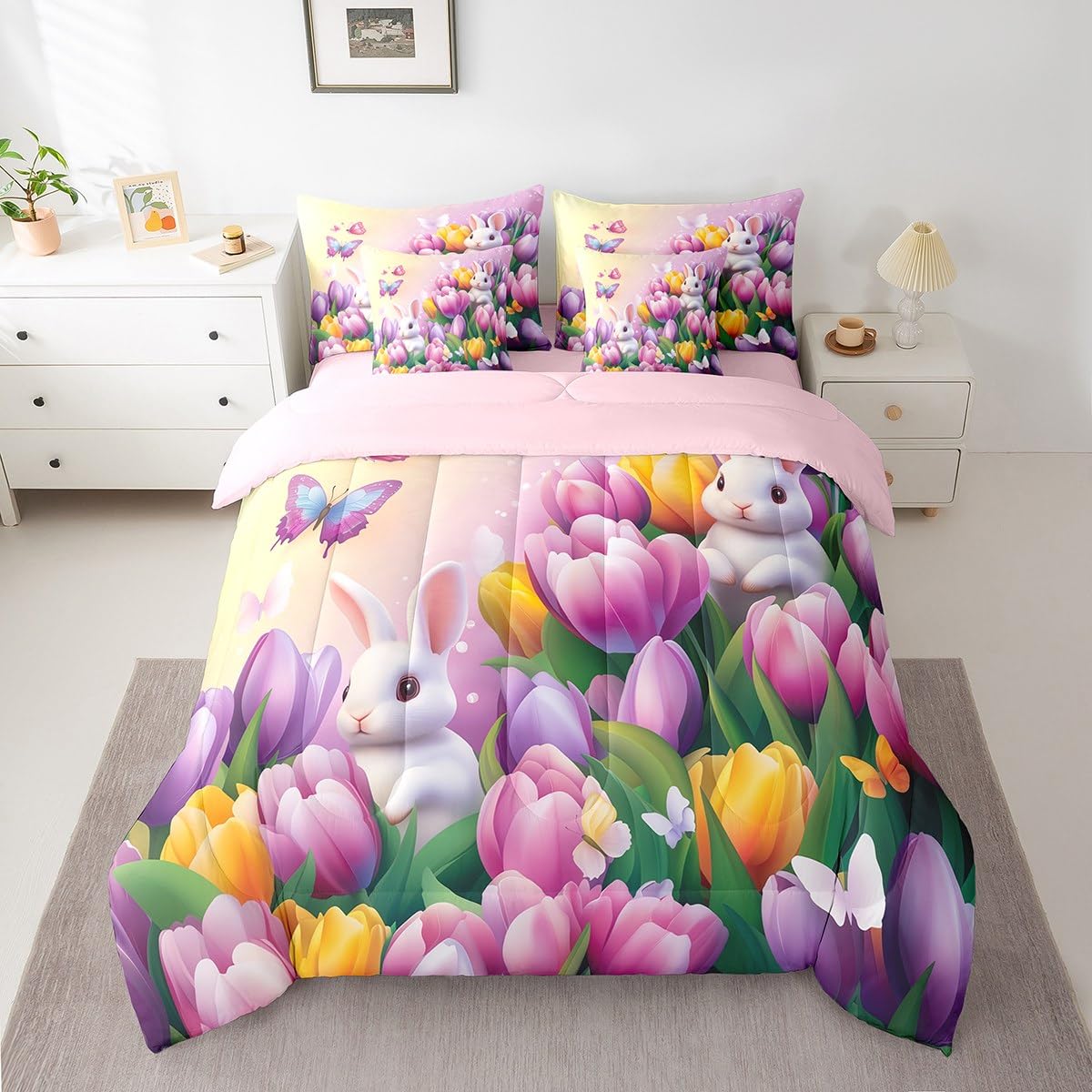 Erosebridal Pastel Tulip Twin Comforter Set 7 Piece Spring Tulip Flowers Bedding Set Pink Purple Garden Floral Bed in A Bag Cute Kawaii Rabbit Sheet Set with Comforter for Kids Boys Girls