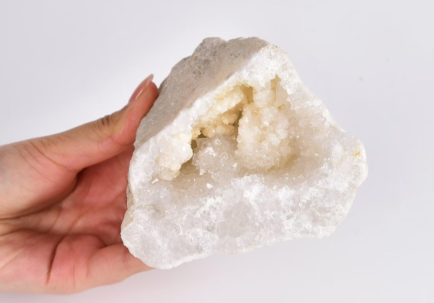 CNYANFEI Natural Agate Geode Large Moroccan Geode Half Quartz with Stand for Healing Meditation Decor Science Gift White Crystal 1.8-2.2 Pound